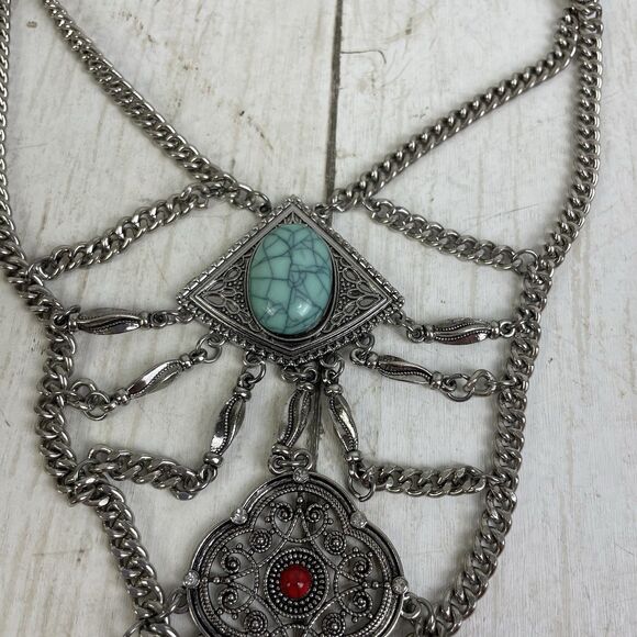 Bohemian Silver Tone Chain Necklace Turquoise & Red Stones Adjustable Length - Picture 3 of 10